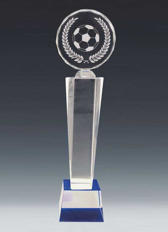 GLASS TROPHY TOWER WITH DISC & FOOTBALL