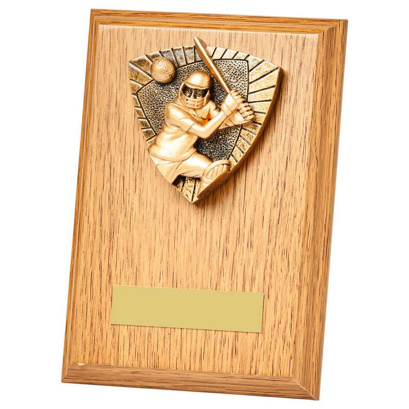 Cricket Batsman Wood Plaque - Light Oak
