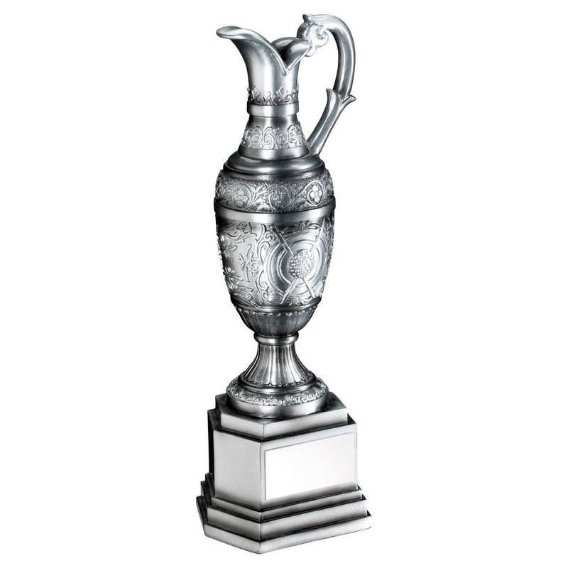 PAINTED SILVER GOLF CLARET JUG WITH PLATE – 8in
