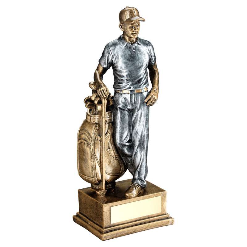 BRZ/PEW MALE GOLFER AND BAG WITH PLATE – 8in